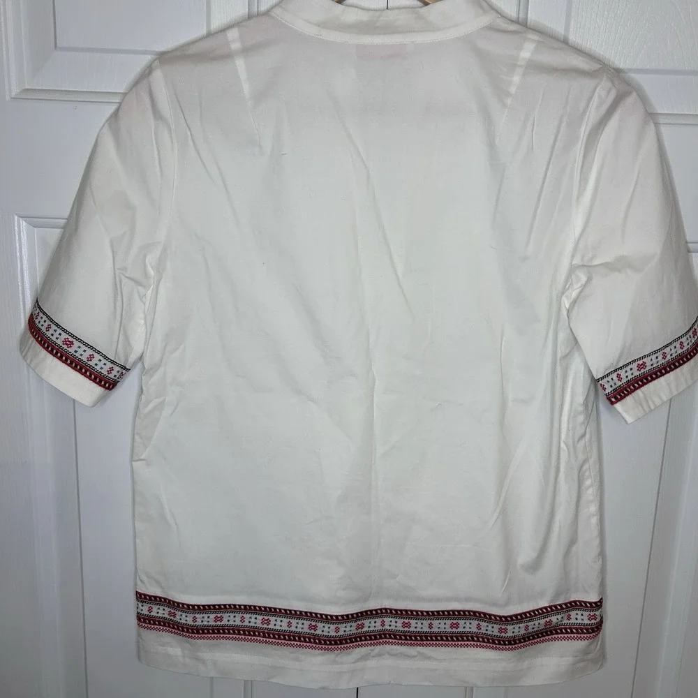Tory Burch white poplin/red embroidery popover blouse, Size 0